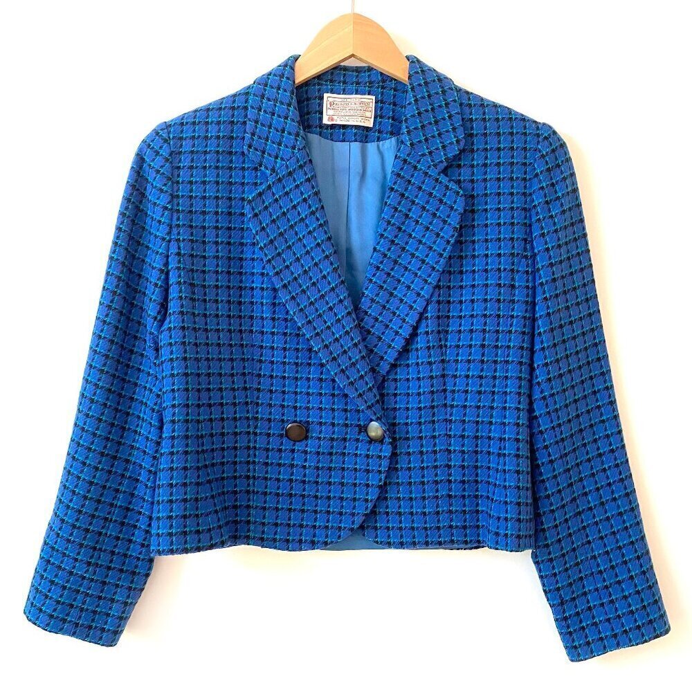 VTG Pendleton Blue Plaid 100% Virgin Wool Cropped Blazer 2